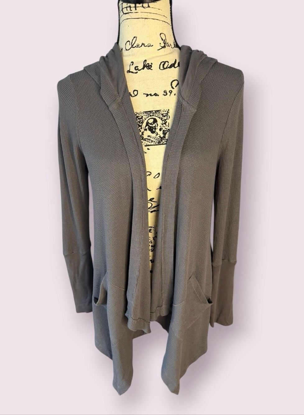 Splendid Waffle Knit Thermal Hooded Cardigan Open Front Gray S Made in USA